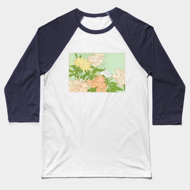 Vintage Victoriana Botanical Chrysanthemum Illustration Design Baseball T-Shirt by DankFutura